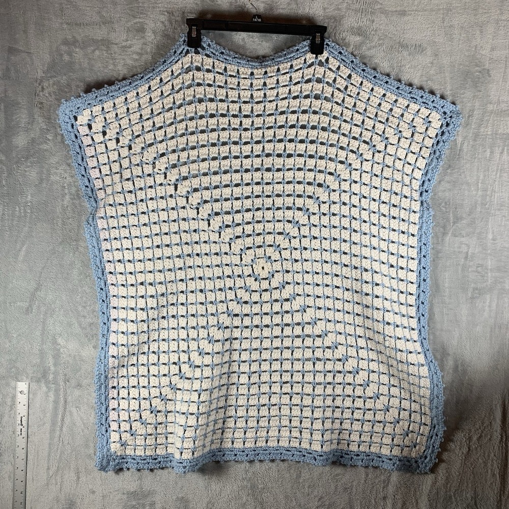 Crochet Baby Blanket Handmade White Blue‎ Afghan Box Stitch